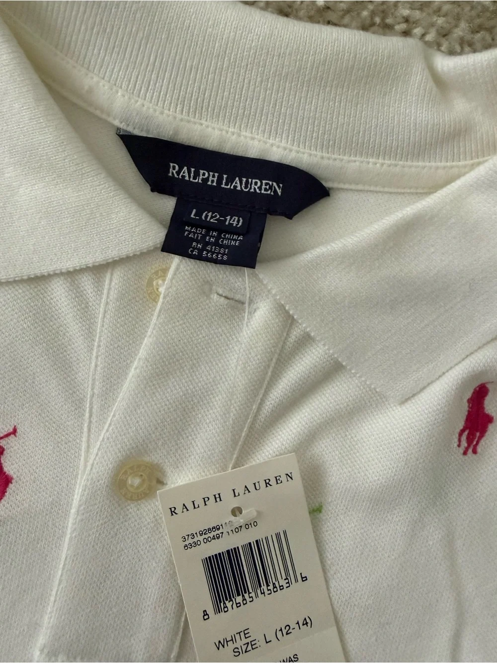 Ralph Lauren Kid’s White Polo with Multicolor Embroidered Ponies Girls 12/14 NWT